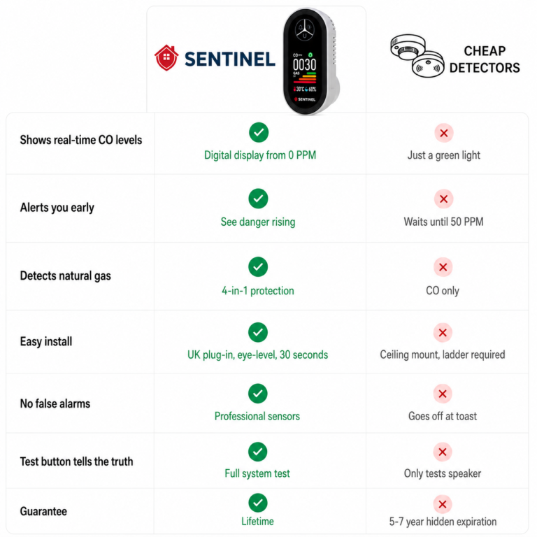 Sentinel vs cheap detectors: real-time CO levels, early alerts, natural gas detection, easy install, no false alarms, full system test, lifetime guarantee